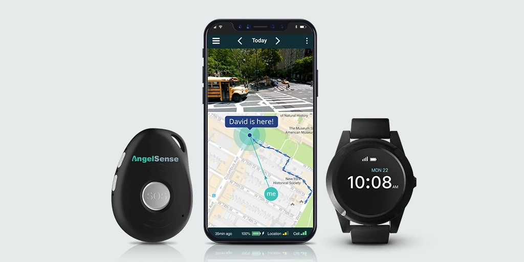 The AngelSense app interface displayed on a smartwatch showcases GPS tracking technology for special needs