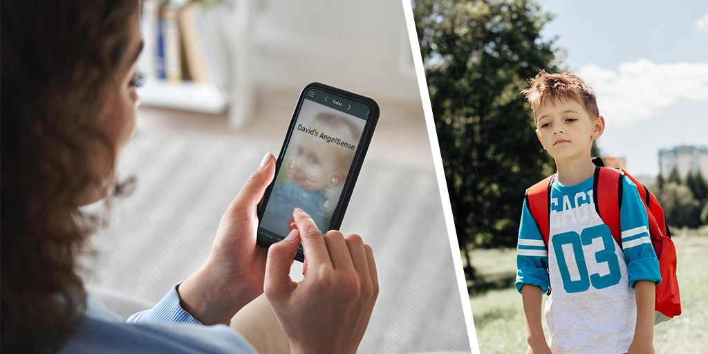 Using her phone, a mother is coordinating with her AngelSense GPS device for child safety.