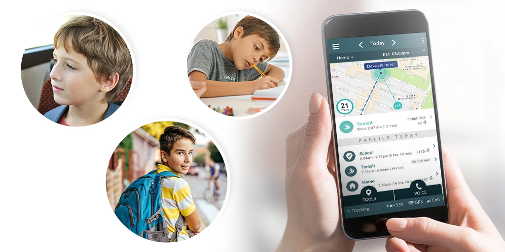 A collage showing three children with autism engaged in different activities, and a close-up of a smartphone displaying the AngelSense app, illustrating the use of technology to alleviate parental anxiety and promote independence.